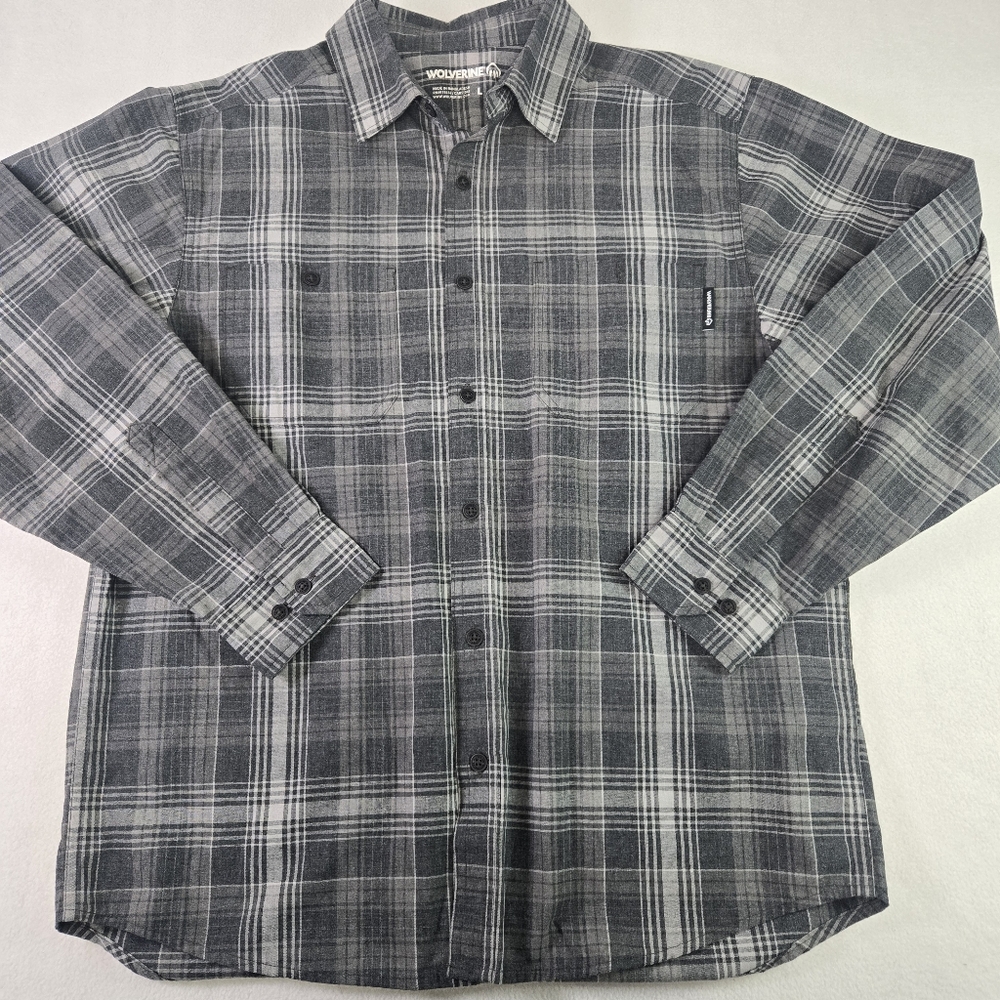 Men’s Wolverine Gray Plaid Long Sleeve Button Up Shirt Size Large EUC
